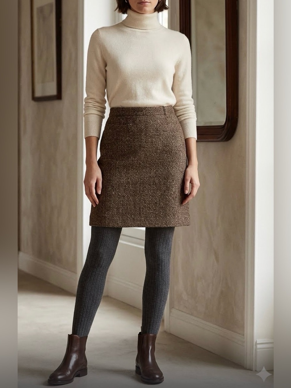 Mixit Size 8 Brown Cream Tweed Skirt Wool Blend Straight Preppy Academia